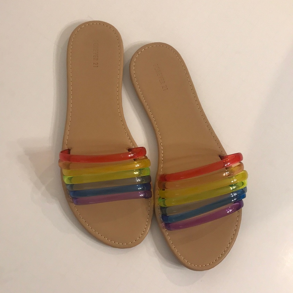 Forever 21 sandals w/ transparent rainbow straps. Size 8. NWOT. So cute! 🌈